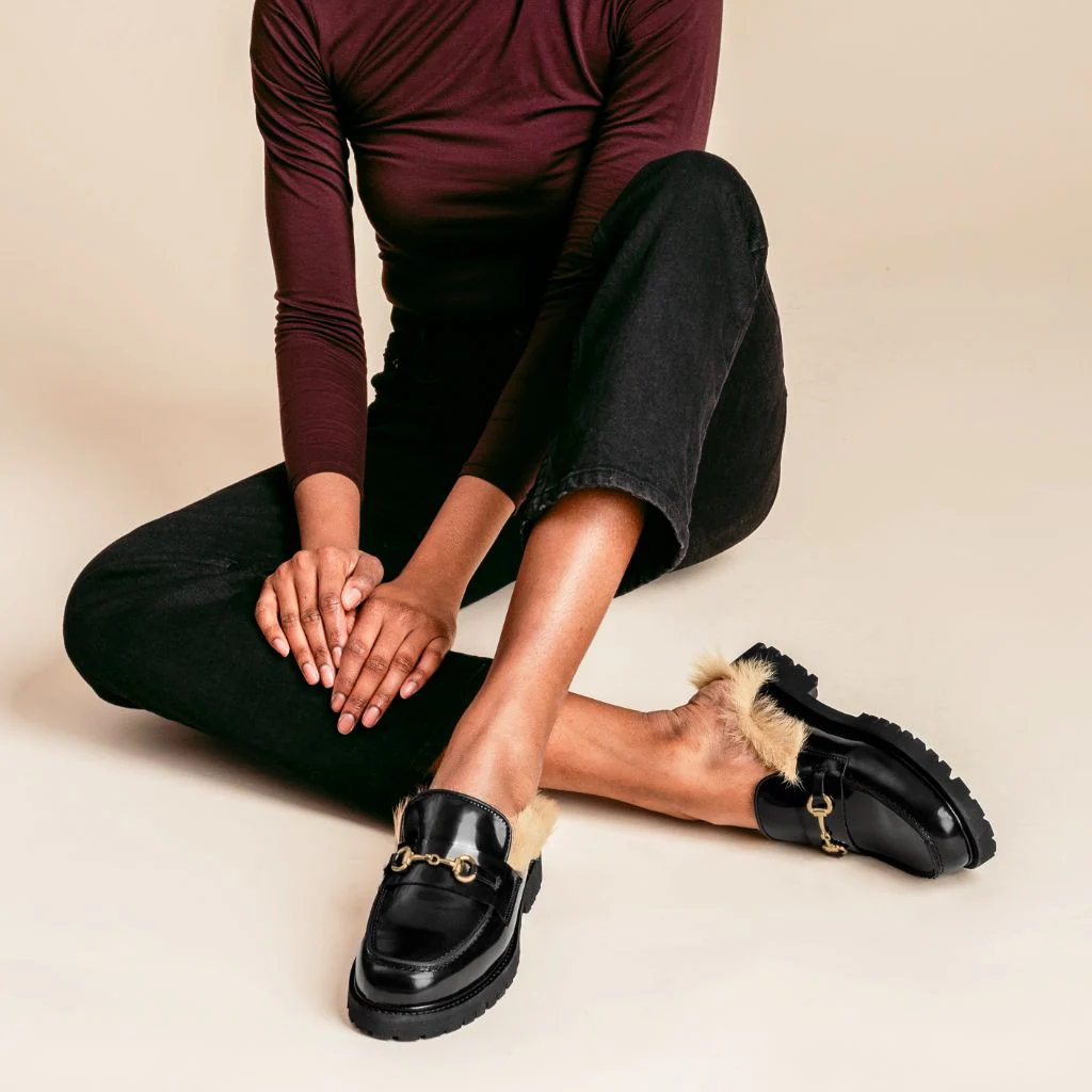 Penny Mule | Black & Beige Shearling - Image 7